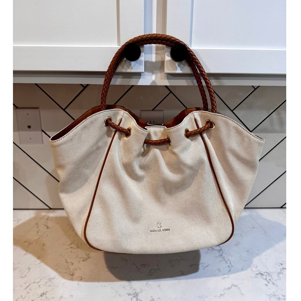 Michael Kors Montauk canvas shoulder bag cream fabric brown leather handles Y2K